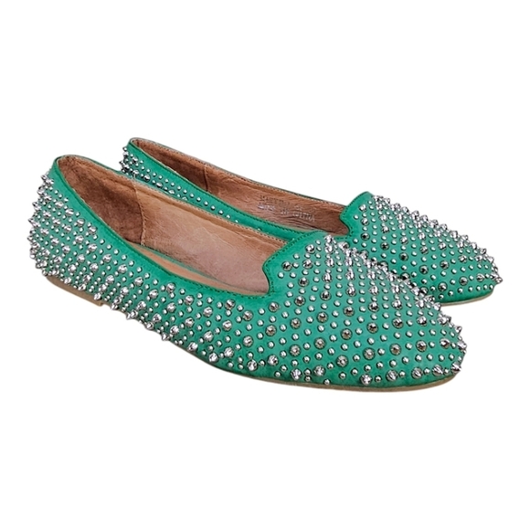 Jeffrey Campbell Martini Studded Spiked Leather Loafer Moccasins Green Size 36 - Picture 1 of 11